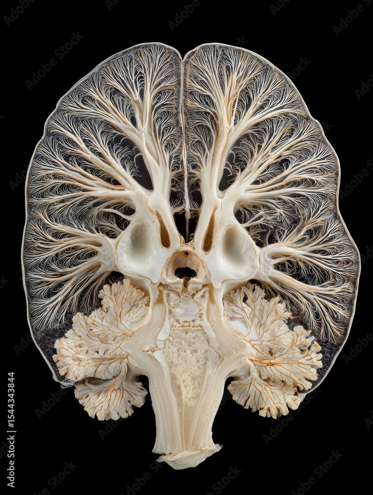 Poster detailed cross-section of the brain stem highlighting nerve clusters and neural architecture for edu