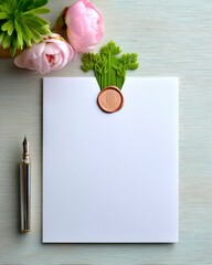 Top View Stationery Arrangement: White Envelope Wax Seal Pen Pink Peonies
