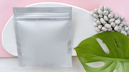 Silver Pouch Mockup with White Label and Green Leaf on Pink and White Background