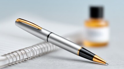 Silver Pen and Notebook with Gold Accents on a Desk