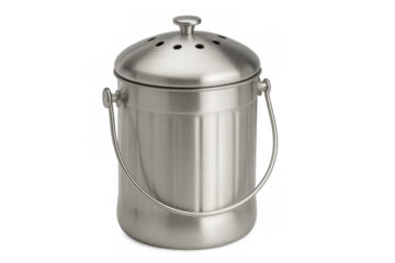 Small metal compost bin with lid and handle on transparent background