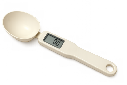 Digital measuring spoon showing zero grams on transparent background