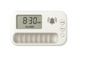 White pill organizer with alarm clock showing 8:30 am on transparent background
