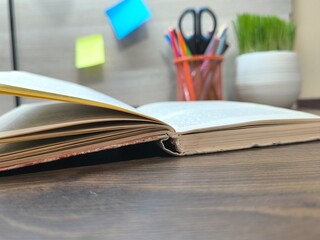 The book is on the office desk . High-quality photo