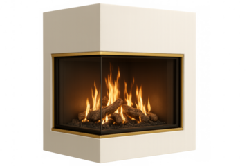 Modern white fireplace burning with transparent background