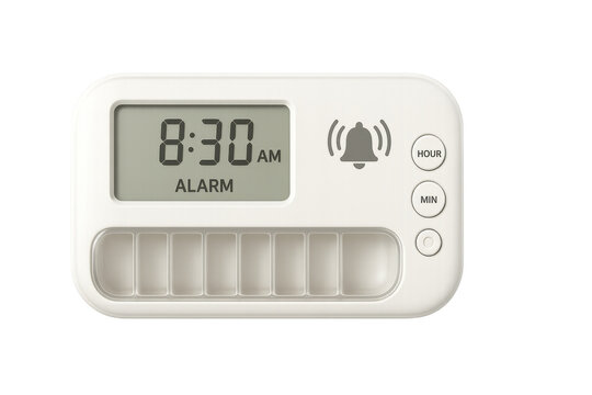 White pill organizer with alarm clock showing 8:30 am on transparent background