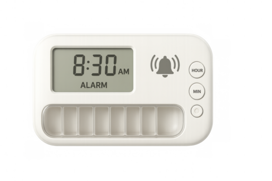White pill organizer with alarm clock showing 8:30 am on transparent background