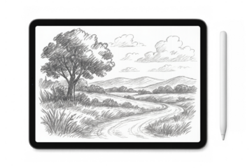 Tablet showing winding country road leading to hills sketch with stylus pen beside on transparent background
