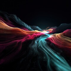 Dynamic abstract landscape of flowing digital data streams in a dark space, illuminated with vibrant colors.