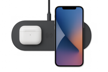 Wireless charging pad powering smartphone and earbuds on transparent background