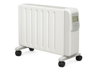 White electric oil heater with digital thermostat displaying room temperature on transparent background