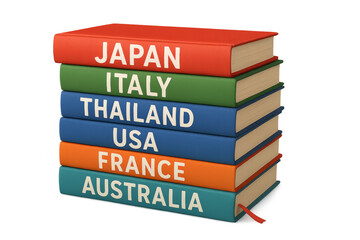 Stack of books representing different countries on transparent background