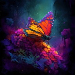 Abstract glowing design featuring a butterfly resting on a flower, enhanced by vibrant digital effects.