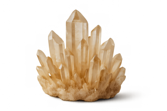 Citrine quartz crystal cluster shining on transparent background