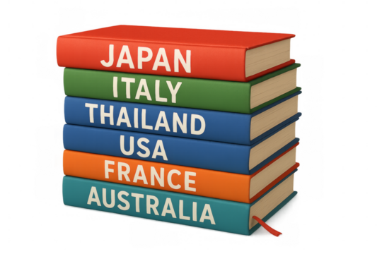 Stack of books representing different countries on transparent background