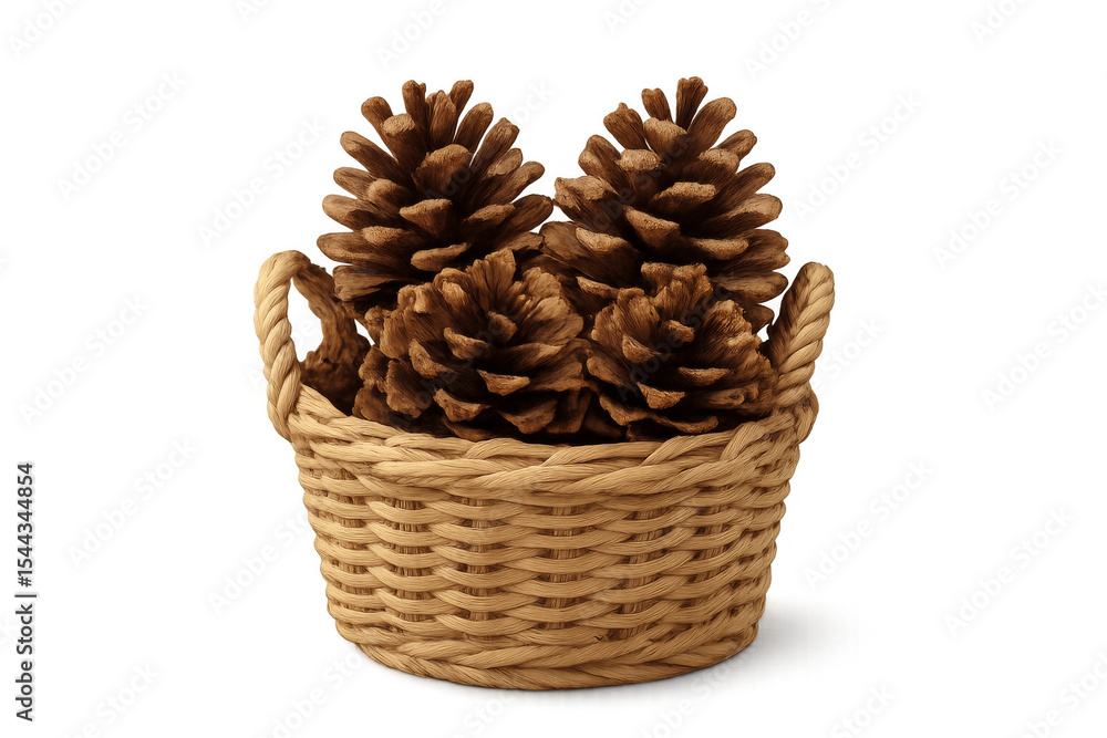 Poster pine cones overflowing wicker basket on transparent background