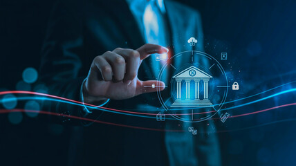 A digital illustration of a business person's hand interacting with a holographic interface on a dark background.