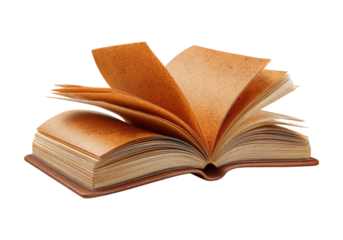 Open antique book with aged leather cover isolated on black background, On Transparent Background, Png Image