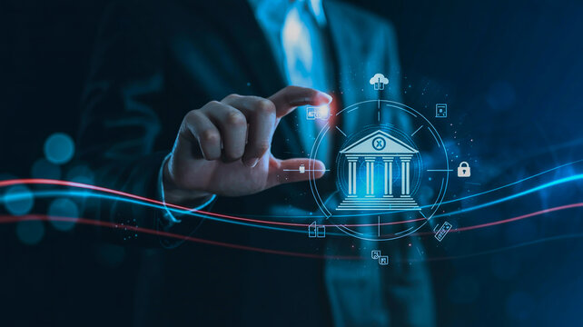 A digital illustration of a business person's hand interacting with a holographic interface on a dark background.