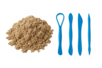 Kinetic sand with tools isolated on transparent background
