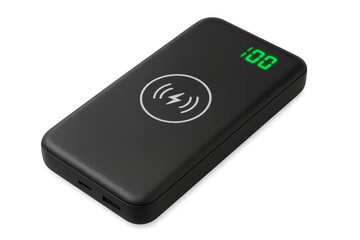 Wireless power bank showing charging time on transparent background