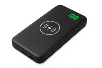 Wireless power bank showing charging time on transparent background