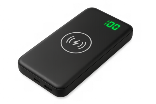 Wireless power bank showing charging time on transparent background