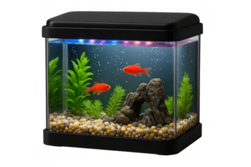 Two goldfish swimming in aquarium with led lighting and transparent background