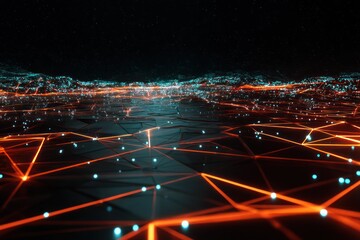 Virtual cyber-grid illuminated by glowing polygonal pathways, representing cutting-edge digital systems.