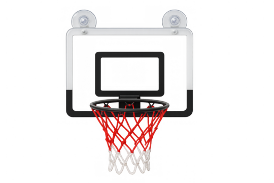 Mini basketball hoop with suction cups hanging on transparent background