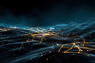 Cyber-grid landscape illuminated by glowing pathways, creating a futuristic digital environment.