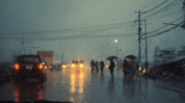 Moody rainy day with dark clouds and falling raindrops outdoors