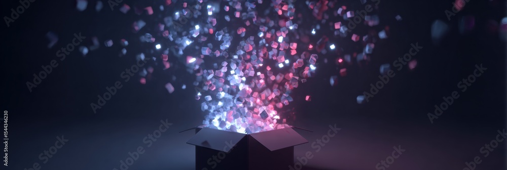 Poster glowing shapes ascend from an open box, illuminating the dark space with vibrant colors in a stunnin