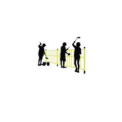 Fototapeta premium A group painting a fence during spring cleaning on white background
