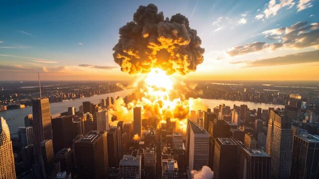 City explosion sunrise aerial