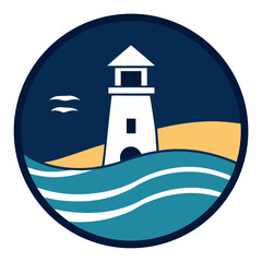 Coastal lighthouse icon beach ocean waves design