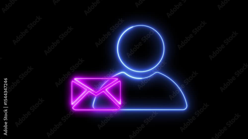 Poster animation with neon light effect of the person avatar icon with a mail envelope