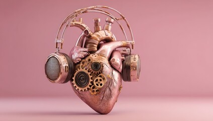 Heart-shaped steampunk-inspired speakers, surrounded by a soft pink background with vintage details.