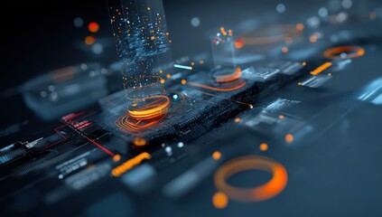 Futuristic network interface showcasing 3D data and continuous real-time information flow.