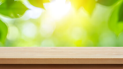 Light Wooden Tabletop Green Blurred Background Sunny Day