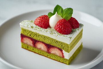 Green Tea Cake With Strawberry Filling and Mint Garnish