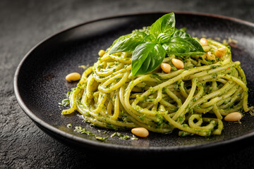Spaghetti With Pesto Sauce and Nuts in Dark Setting
