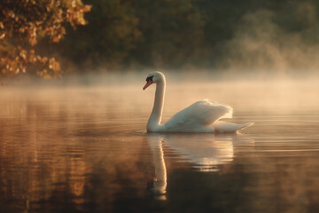 Swan in Silhouette on Serene Lake at Dawn