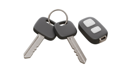 Two car keys with remote control device representing vehicle access and modern transportation isolated on a transparent background, png, cutout.