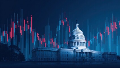 A computer generated image of the United States Capitol building with a red