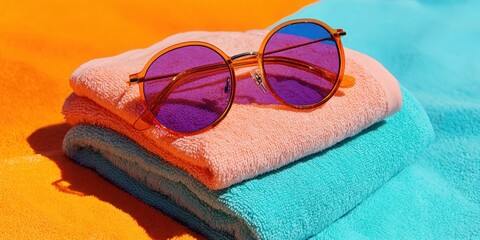 A pair of sunglasses is on top of two towels, one of which is orange