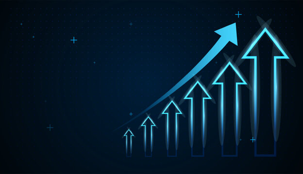 Blue up arrows chart with vibrant blue arrows pointing sharply upward, symbolizing strong market growth and bullish trends. Perfect for trading dashboards and financial reports