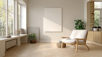 Serene Minimalist Living Room with Sunlit Windows, Neutral Tones, Wooden Furniture, Potted Plant, and Blank Wall for Custom Artwork