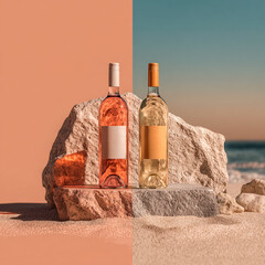 Naklejka premium Dual-themed wine bottles: rosé sunset & coastal neutrals in one frame.