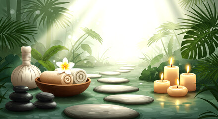 Spa still life with bamboo, stones, and a candle evokes zen relaxation and natural wellness